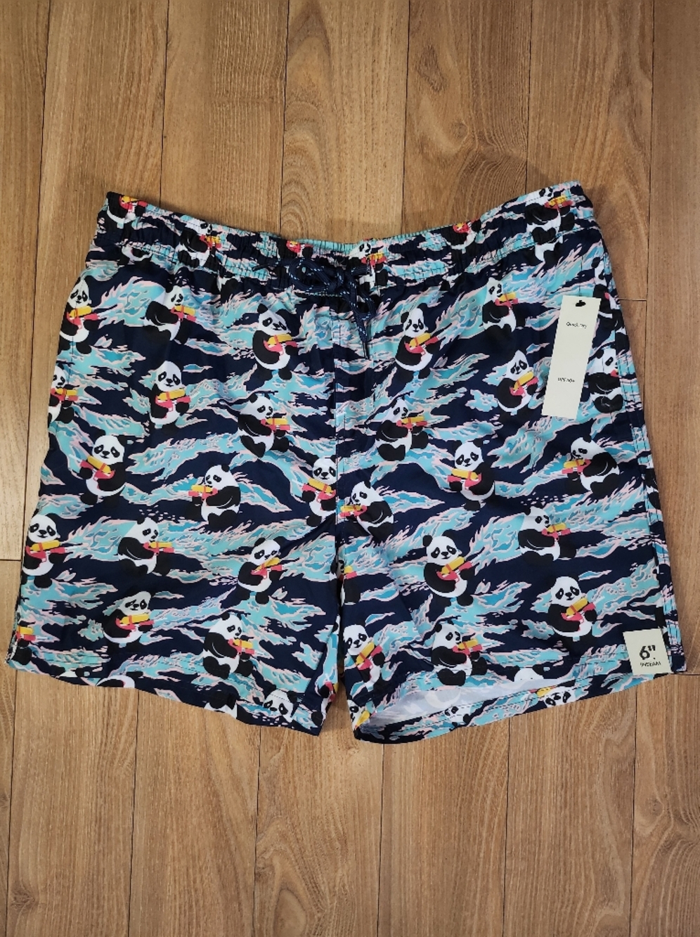 Men's Swim Trunks with Playful Panda Print - Navy & Aqua Size: Large NWT